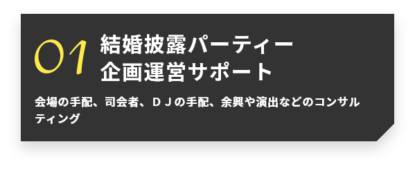 結婚披露パーティー企画運営サポート 会場の手配、司会者、DJの手配、余興や演出などのコンサルティング